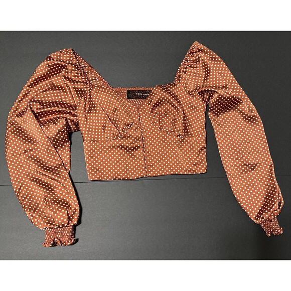 Rust Polka Dot Cropped Blouse Women Size Small Long Sleeve V-Neck Code X Mode - Picture 3 of 13
